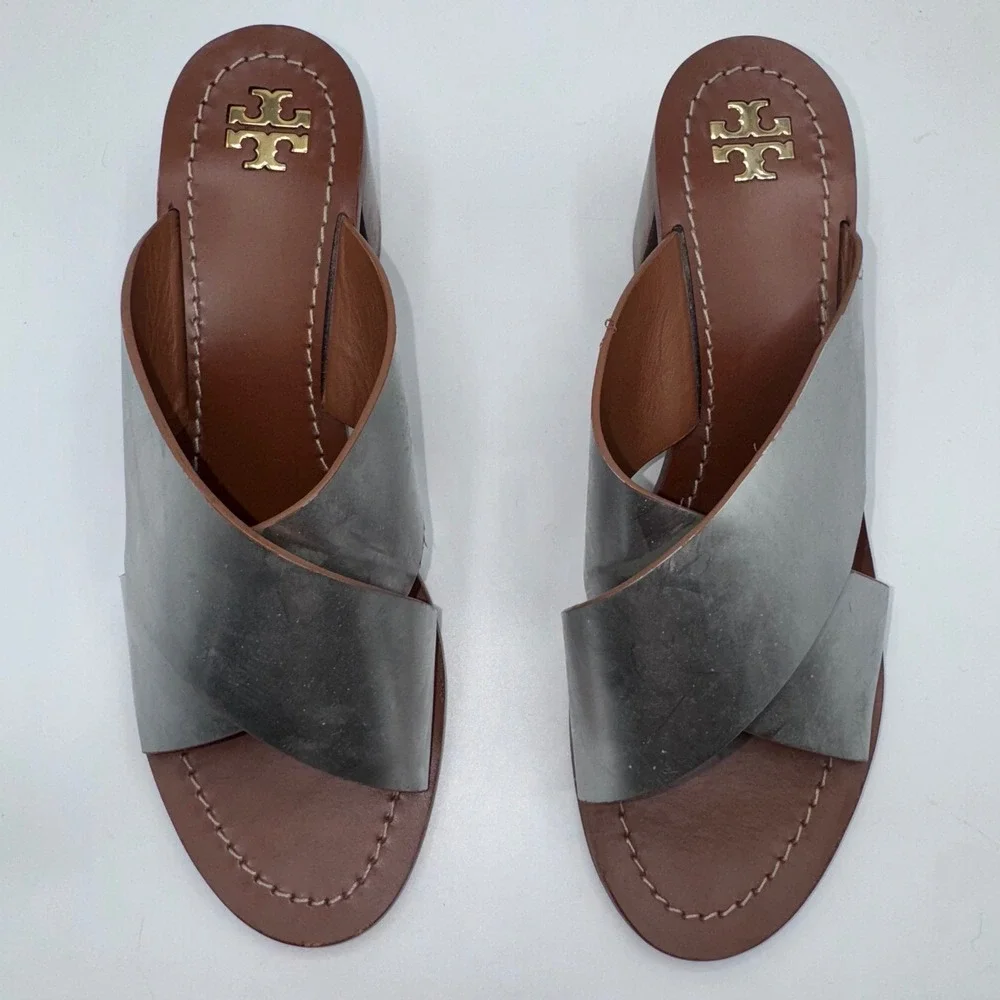 Tory Burch Heels Silver‎ Metallic Montrose Stacked Block Heel Slide Sandals 9.5